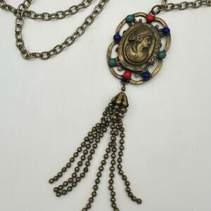 Antique Art Deco 1920s brass multicolor glass cameo tassel pendant necklace